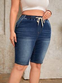 SHEIN Essnce Plus Drawstring Waist Denim Shorts - Dark Wash - View 4