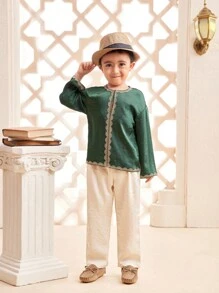Young Boy Plain Color Block Long Sleeve Casual Top And Pants Set - Dark Green - View 4