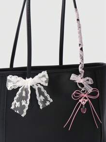 ROMWE Kawaii 3pcs Sweet & Fashionable K-Style Pink Leather Cord Butterfly Wing, Heart & Strawberry Pearl Pendant + 100cm Pink Lace + 50cm White Embroidery Lace Decorative Wrap, DIY Keychain Bag Charm Combo Set, Ideal Gift For Girls & Women - Pink - View 2