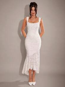 SHEIN BAE 夏季白色性感纹理提花露肩长裙，镂空后背和优雅鱼尾下摆，优雅适合聚会、返校季礼服、婚宴、鸡尾酒会、伴娘礼服、节日长裙、紧身胸衣连衣裙女士夏季服装/春季服装/情人节服装/狂欢节/海滩度假服装 - 白色 - 查看 6