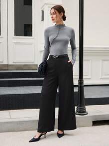 BizChic Grey High Neck T-Shirt Base Layer, Commute Wear For Women, New Year Party, Valentine's Day Date Outfit