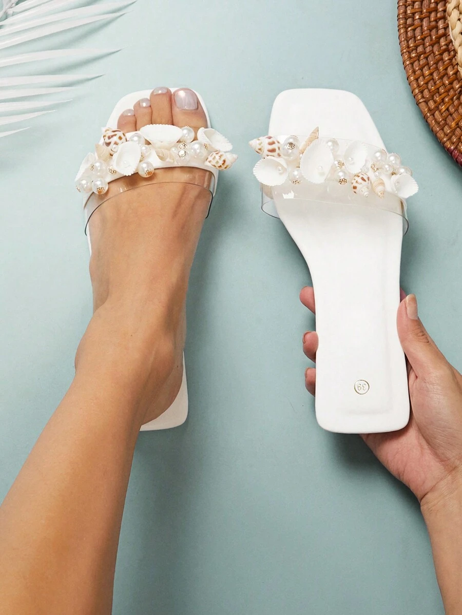 SHUZIA Sandali piatti da donna con decorazioni a conchiglia e perla