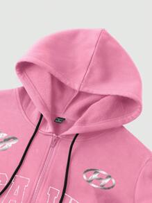 Manfinity Campus Court Áo nỉ trùm đầu có khóa kéo in chữ thường ngày dành cho nam, áo hoodie màu hồng - Hồng - Xem 6
