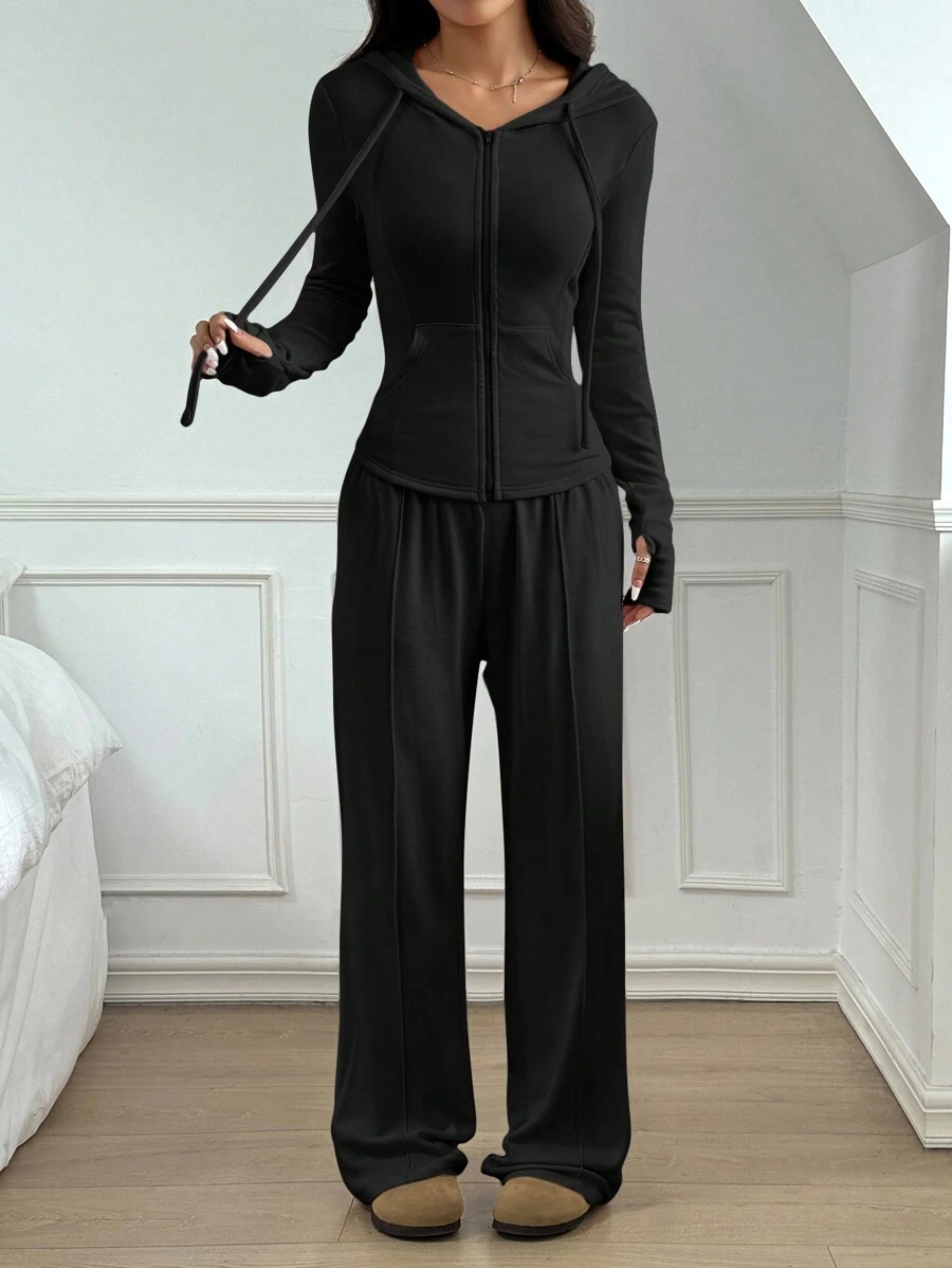 SHEIN EZwear 黑色连帽拉链上衣和长裤套装，纯色修身休闲日常装 - 黑色 - 查看 1