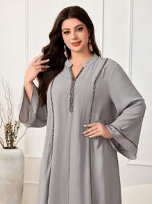 Al Najma Plus Size Women's Splice Ribbon Trim Loose Long Sleeve Traditional Arabic Style Dress, Modest Kaftan - Grey - View 3