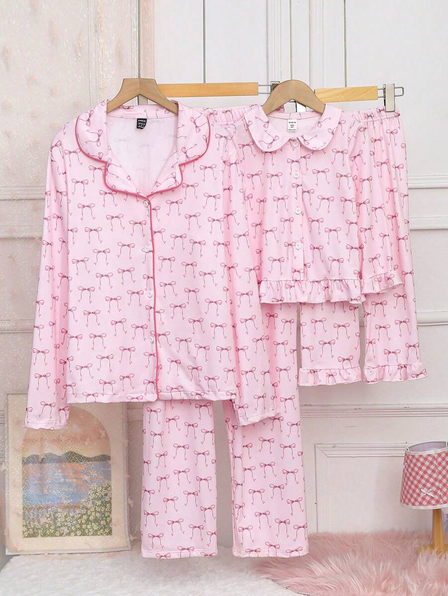 SHEIN 2 件套年轻女孩情人节粉色蝴蝶印花开衫和裤子休闲舒适家居服 - 淺粉色 - 查看 1