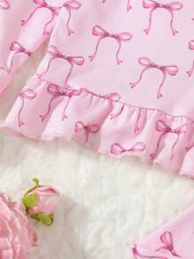 SHEIN 2 件套年轻女孩情人节粉色蝴蝶印花开衫和裤子休闲舒适家居服 - 淺粉色 - 查看 6