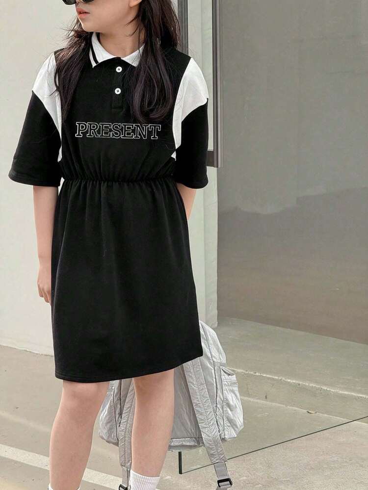 Tween Girl Color Blocking Letter Print Splice Dress,Girls Summer Outfits,Back To School Clothes