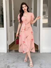 DAZY V-Neck Floral Print Puff Sleeve Pleated Ruffle Hem Mid-Length Dress For Women Sundress,Casual Women Dresses Easter - Pink - View 6