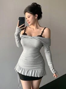 DAZY 2 件套女士灰色拼布细肩带露肩连衣裙，春夏，迷你连衣裙