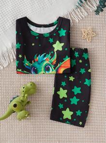 2 pièces Ensemble de pyjama short et t-shirt à manches courtes pour garçon, imprimé qui brille dans le noir, coupe ajustée