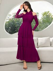 Modelyn Women's Solid Color Ruffle Long Sleeve Ruffle Hem Elegant Dress - Red Violet - View 6