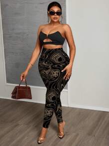 Slaydiva Plus Size Vintage Pattern Slim Leggings, Casual Minimalist Style Suitable For Summer - Multicolor - View 7