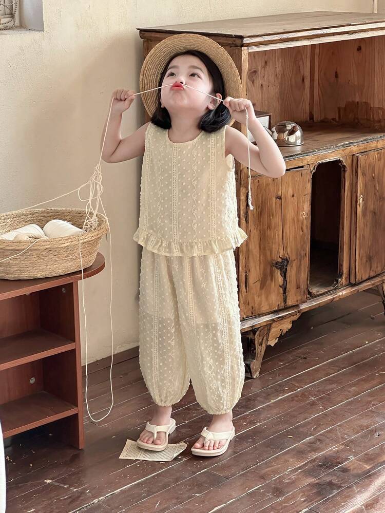 2pcs/Set Young Girls Solid Color Round Neck Sleeveless Top And Pants,Girls Summer Outfits Vacation