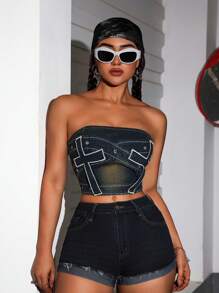 SHEIN ICON Blusa casual de jean para mujer, sencilla y estilizada para uso diario