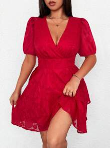 SHEIN Unity Vestido casual de manga corta con cuello en V de unicolor y largo mini para tallas grandes