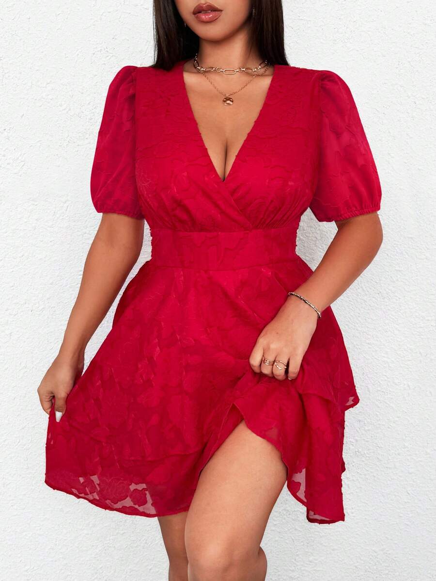 SHEIN Unity 大码纯色 V 领短袖休闲迷你连衣裙 - 紅色 - 查看 1