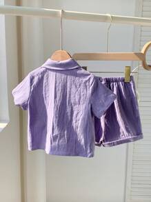 SHEIN Leap Crew 2pcs/Set Baby Boy Summer Cute Casual Purple Short Sleeve Shirt & Shorts Set, Suitable For Birthday Party, Evening Party, Performance, Wedding, Baby Shower, And 1st Birthday Celebration - Multicolor - View 2