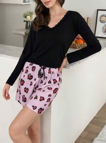 SHEIN Cottnline Women Viscose Fabric Lace Detail Shirt And All Over Contrast Colour Heart Pattern Short Pj Set - Black - View 4