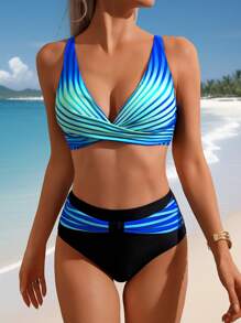 Swim Lushoire Summer Women's 2Pcs Ombre Striped Twist Front Bikini Swimwear, Fashionable & Casual For Holiday Swimming