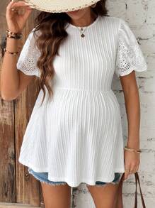 SHEIN Pregnant Women Solid Color Round Neck Short Sleeve Simple Casual T-Shirt With Shell Trim - White - View 5