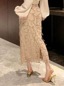 DAZY 女士优雅通勤亮片流苏装饰直筒裙，适合舞会、新年、嘉年华等场合 - 杏色 - 查看 2