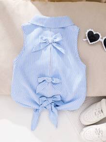 SHEIN 年轻女孩编织不对称下摆条纹休闲衬衫 - 藍色 - 查看 4