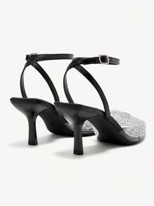 CUCCOO CHICEST 女士仿珍珠和水钻装饰黑色透明带尖头高跟凉鞋，性感优雅的圣诞节闭趾穆勒鞋