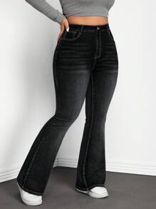 SHEIN Tall CURVE 大码休闲水洗高腰喇叭牛仔裤 - 黑色 - 查看 3