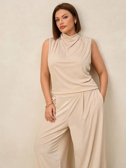 Chikora 大码纯色立领无袖上衣和长裤优雅 2 件套