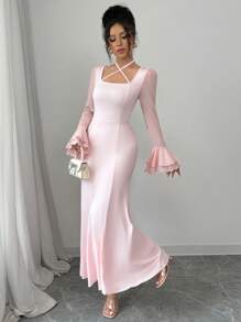Rafferiza 粉色紧身优雅喇叭袖长裙，派对礼服
