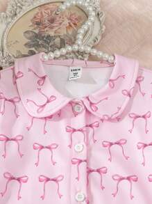 SHEIN 2 件套年轻女孩情人节粉色蝴蝶印花开衫和裤子休闲舒适家居服 - 淺粉色 - 查看 7