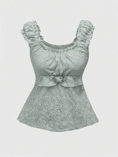 Fairycore Women's Butterfly Rhinestone Button Hollow Embroidered T-Shirt