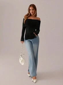 SHEIN SXY 1 pieza Suéter de punto con hombros descubiertos para mujeres, Navidad, Acción de Gracias, Año Nuevo - Negro - Ver 4