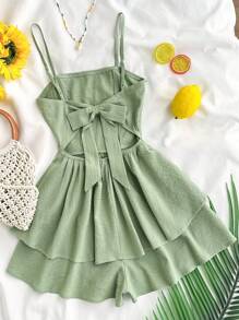 SHEIN Teen Girls' Green Textured Bubble Chiffon Layered Ruffled Cinched Waist Romper Jumpsuit, Leisure Holiday Style, Spring Summer - Green - View 2