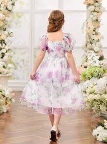 SHEIN Tween 女童优雅可爱方领泡泡袖碎花中长连衣裙 - 紫色 - 查看 2