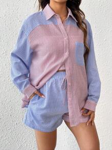 SHEIN 2 pièces/Set Ensemble Chemise à rayures de maternité et short droit avec nœud décoratif réglable, automne/printemps