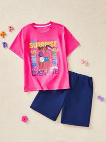 2 件卡通印花短袖上衣和纯色短裤青少年女孩休闲简约服装 - 彩色 - 查看 5