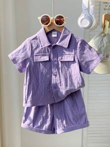SHEIN Leap Crew 2pcs/Set Baby Boy Summer Cute Casual Purple Short Sleeve Shirt & Shorts Set, Suitable For Birthday Party, Evening Party, Performance, Wedding, Baby Shower, And 1st Birthday Celebration - Multicolor - View 5