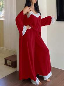 DAZY 3pcs Set Contrast Color Lace Patchwork Camisole Robe And Pajama Pants Nightwear Suit Christmas,New Year