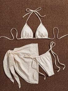SHEIN Swim Summer Women's Casual Beach Halter Tie Bikini Set - Apricot - View 8