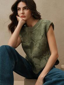 Anewsta 女士夏季时尚现代镂空刺绣无袖针织上衣，休闲，优雅，度假 - 軍綠色 - 查看 1