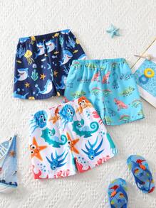 SHEIN 3pcs/Set Baby Boy Summer Casual Holiday Beach Ocean Dolphin Dinosaur Shark Cartoon Pattern Swim Trunks, Basic Multi-Pack For Outdoor, Home, Beach, Resort - Multicolor - View 2