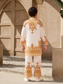 2pcs/Set Tween Boys Stand Collar Long Sleeve Printed Top & Pants Set - White - View 2