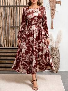 SHEIN Plus Size Velour Floral Waisted Mid-Length Casual Regular Dress, Autumn/Winter Fall Cloth For Women - Multicolor - View 3