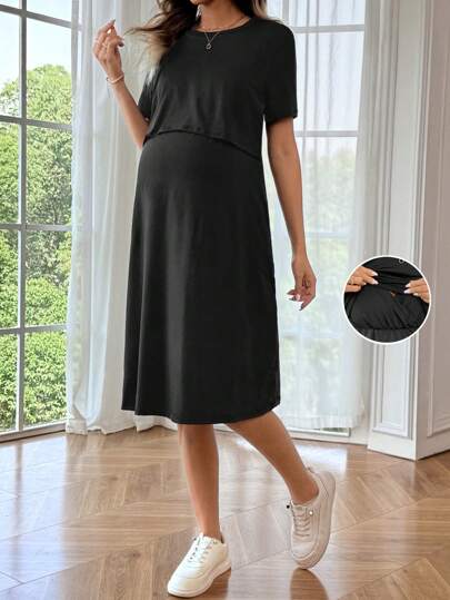 SHEIN 休闲纯色短袖孕妇哺乳连衣裙
