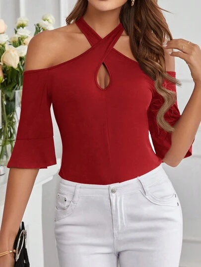 SHEIN Clasi Women Elegant Commuter Solid Color Cold Shoulder Hanged Neck Flared Sleeve T-Shirt Spring Break Summer Wedding Guest Women Elegant Casual Spring For Women Summer