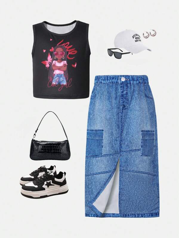 Young Girl Portrait Graphic Round Neck Sleeveless Top & Skirt Set, Casual Everyday Wear