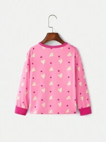 Heart Print Round Neck Long Sleeve Top And Pants Pajama Set For Young Girls - Hot Pink - View 6