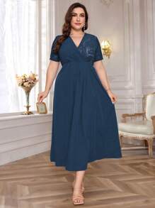 Mulvari 大码女式优雅撞色蕾丝短袖长裙，夏季超长女装